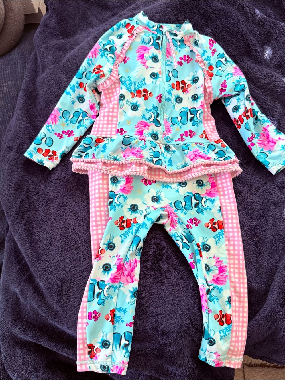Bonnie & Neil Girls Full Body Swimsuit Aqua Floral Pink 12-18m Gingham UPF 50